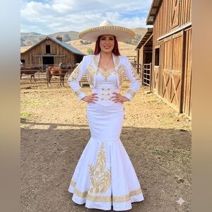 Elegant White and Gold Women's Dress